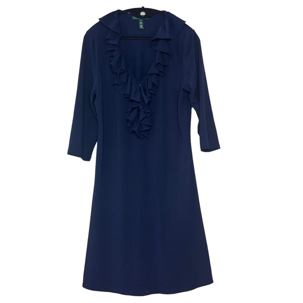 Lauren Ralph Lauren Navy Ruffle Neck Dress Petite Large